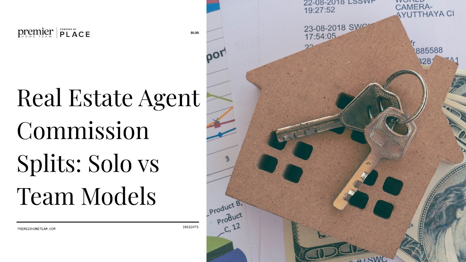 Real Estate Agent Commission Splits: Solo vs Team Models' alongside a house cutout with keys on documents and money.