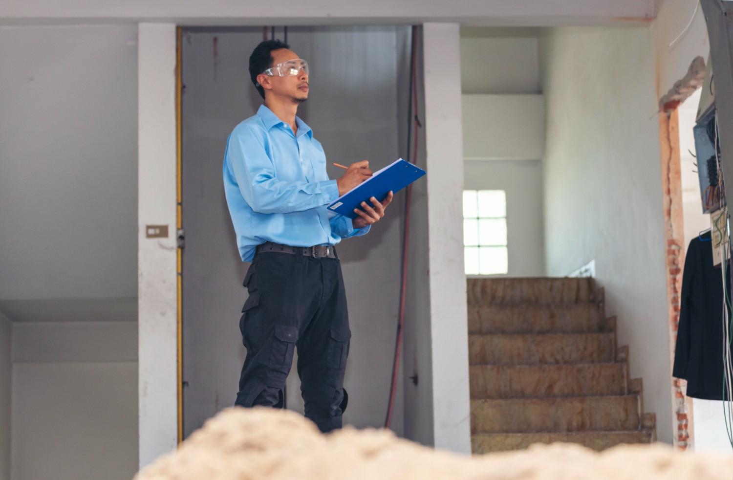 Man wearing safety glasses and a blue shirt holds a clipboard, standing in a partially constructed room, suggesting an inspection or assessment.