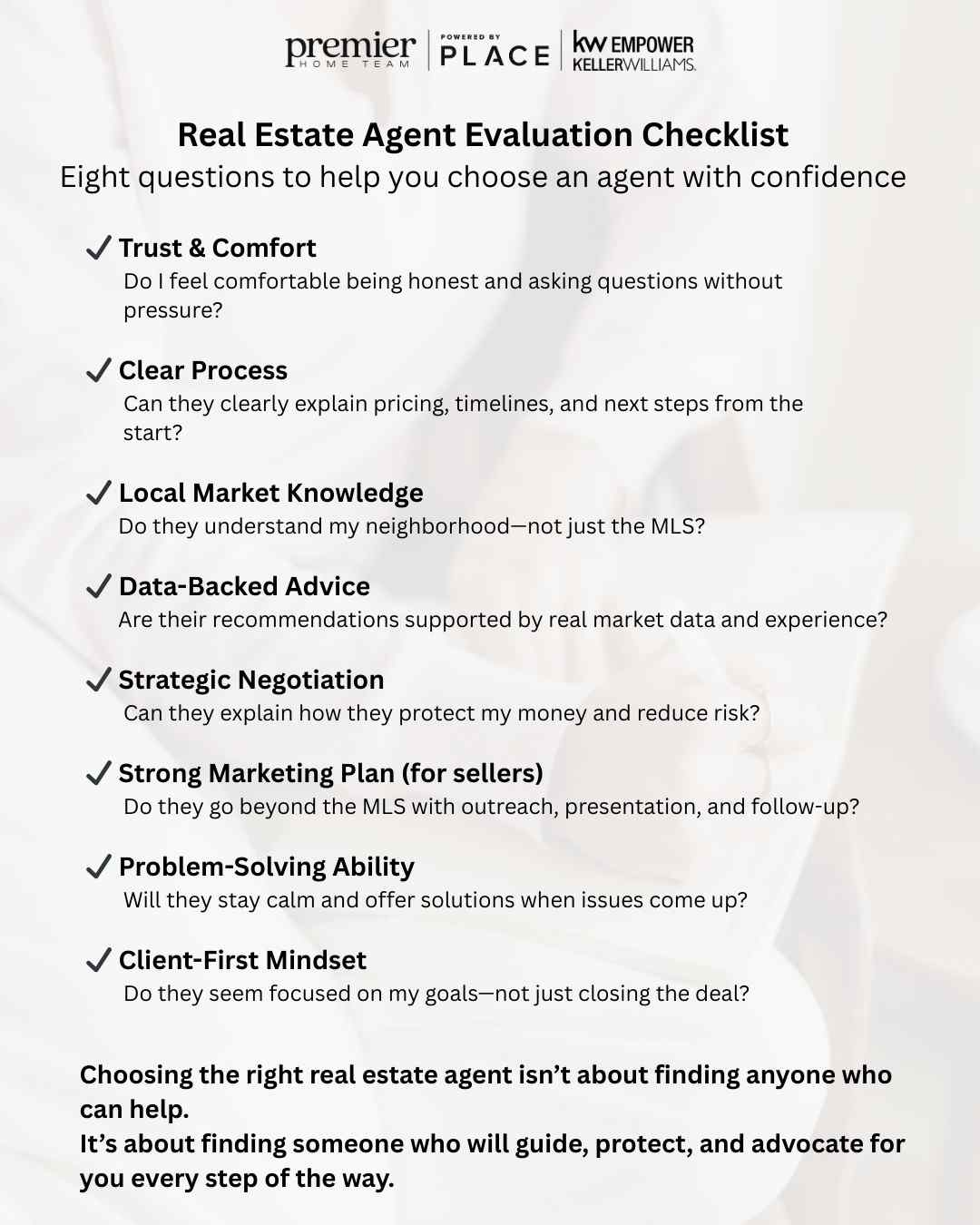 Real Estate Agent Evaluation Checklist outlining eight questions to help buyers and sellers choose the right real estate agent