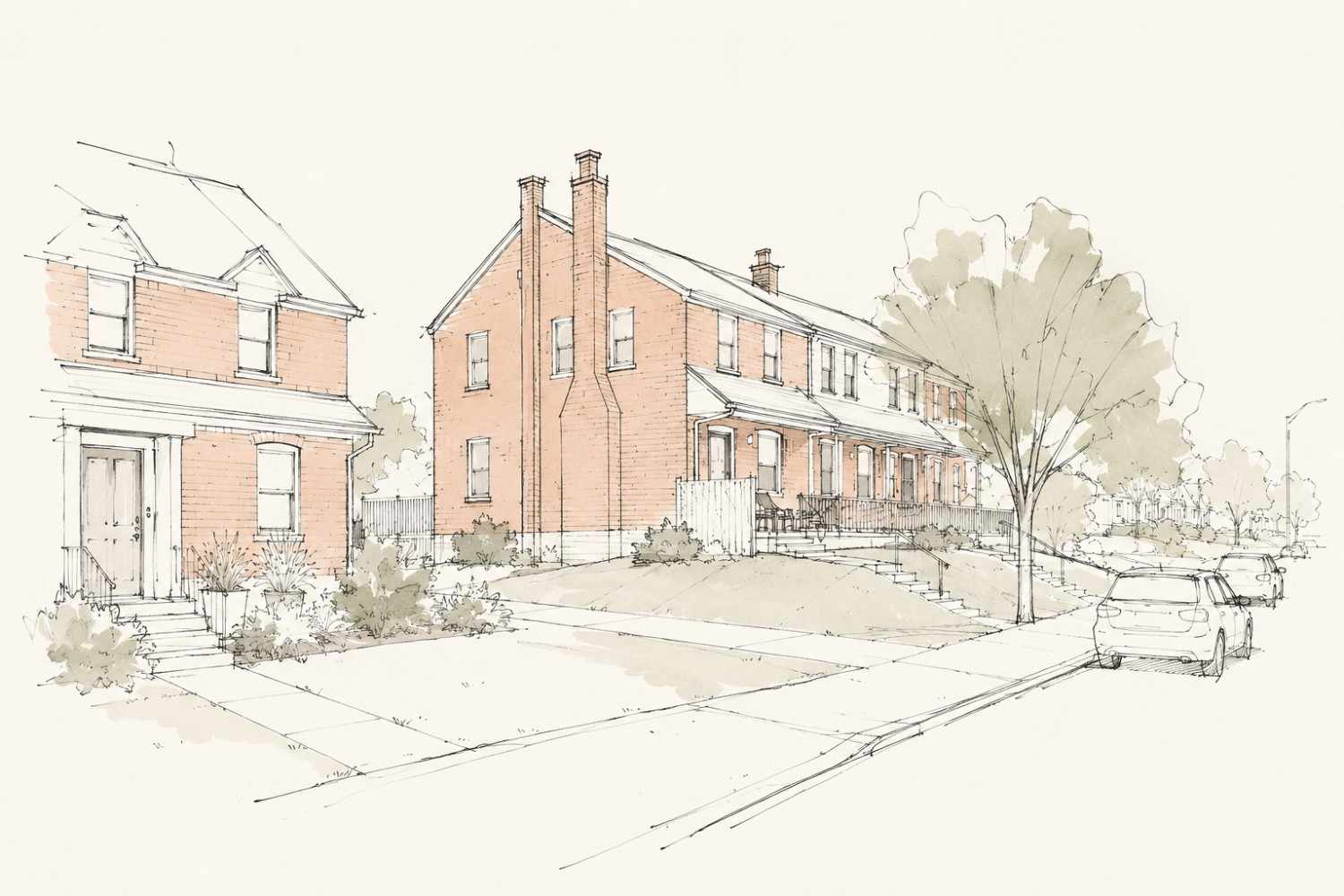 Perspective architectural drawing of traditional multi-family brick houses and semi-detached homes along a quiet neighborhood street with parked cars.