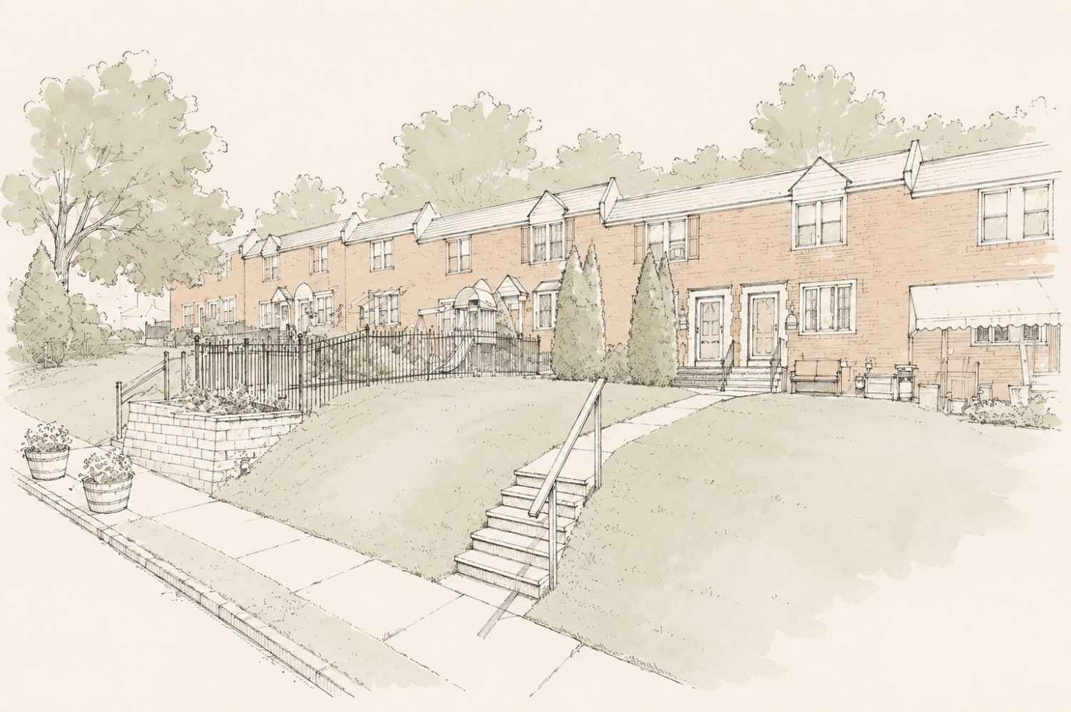 Watercolor sketch of a long row of brick townhouses built on a sloped grassy hill with concrete steps leading up from the street sidewalk.
