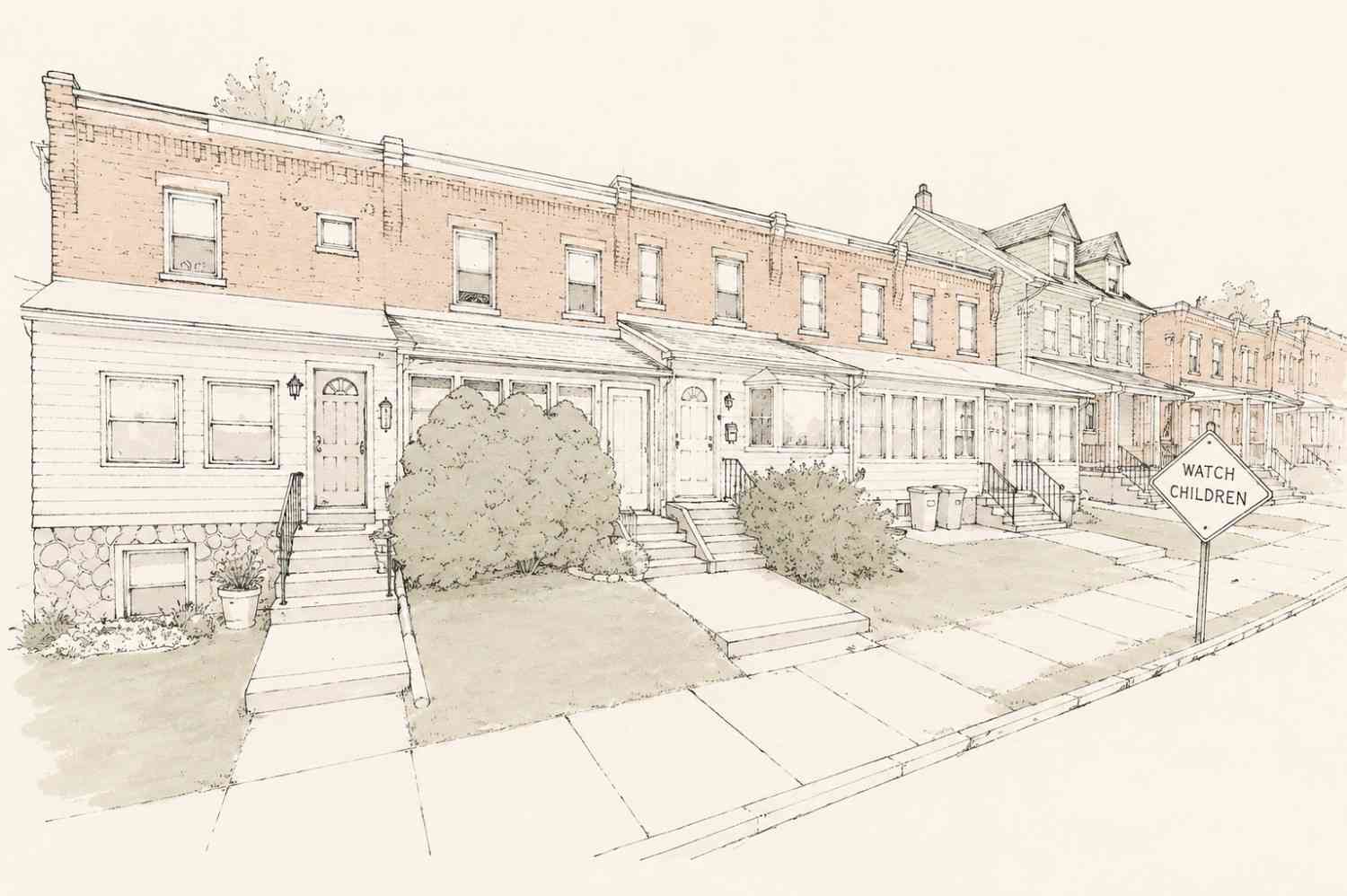 Ink and watercolor illustration of a block of classic brick row houses featuring front stoops, bushes, and a "Watch Children" street sign on the sidewalk.