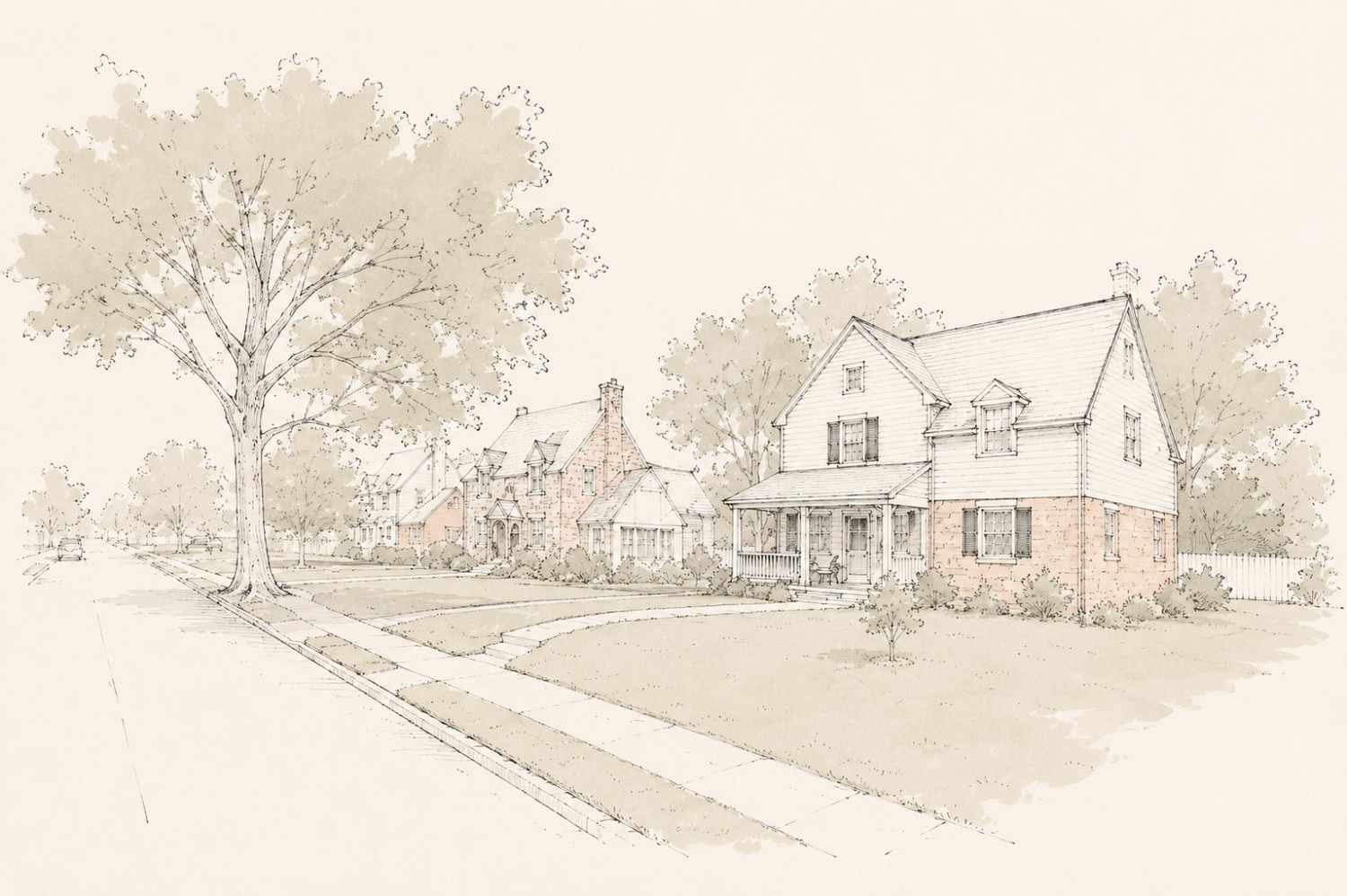 Architectural watercolor sketch of traditional two-story suburban houses with front porches, neat green lawns, and a large shade tree along a neighborhood sidewalk.
