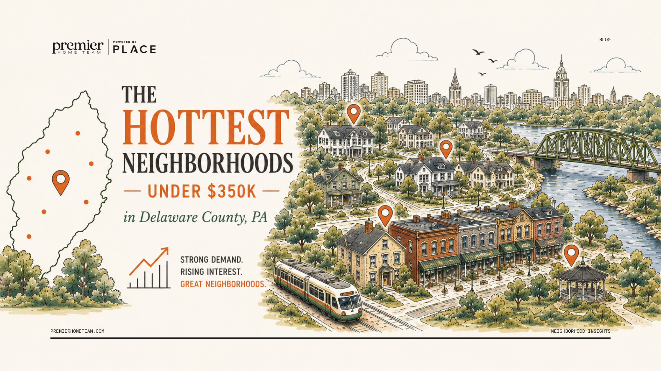 Alt Text: A real estate blog header image with a cream-colored background featuring a large, detailed line-art illustration of a townscape along a river. On the left side, bold text reads, 