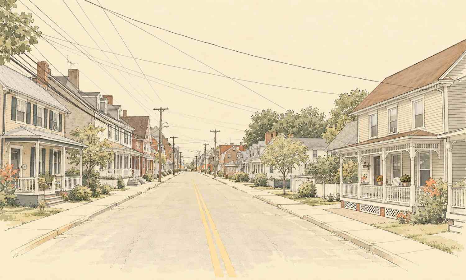 Smyrna DE neighborhood with single-family homes, sidewalks, and mature trees.
