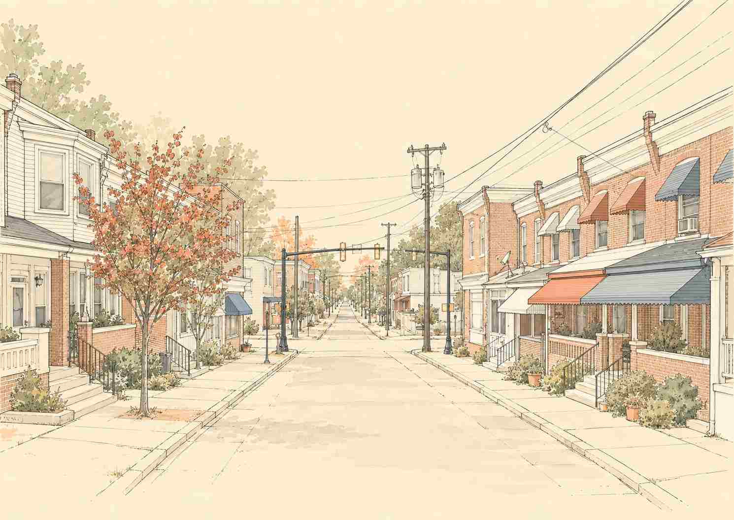 Wilmington DE residential neighborhood with brick rowhomes and tree-lined streets