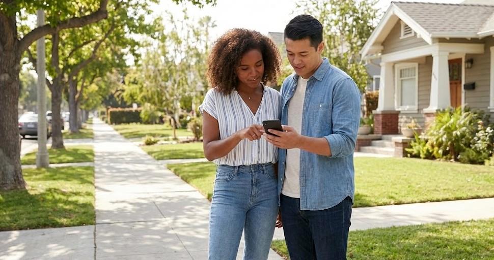 Couple checking information on a phone as they assess the neighborhood outside a home during their first showing.