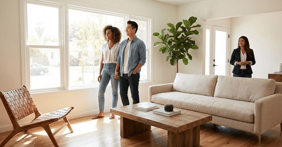 Couple touring a living room as part of their first home showing