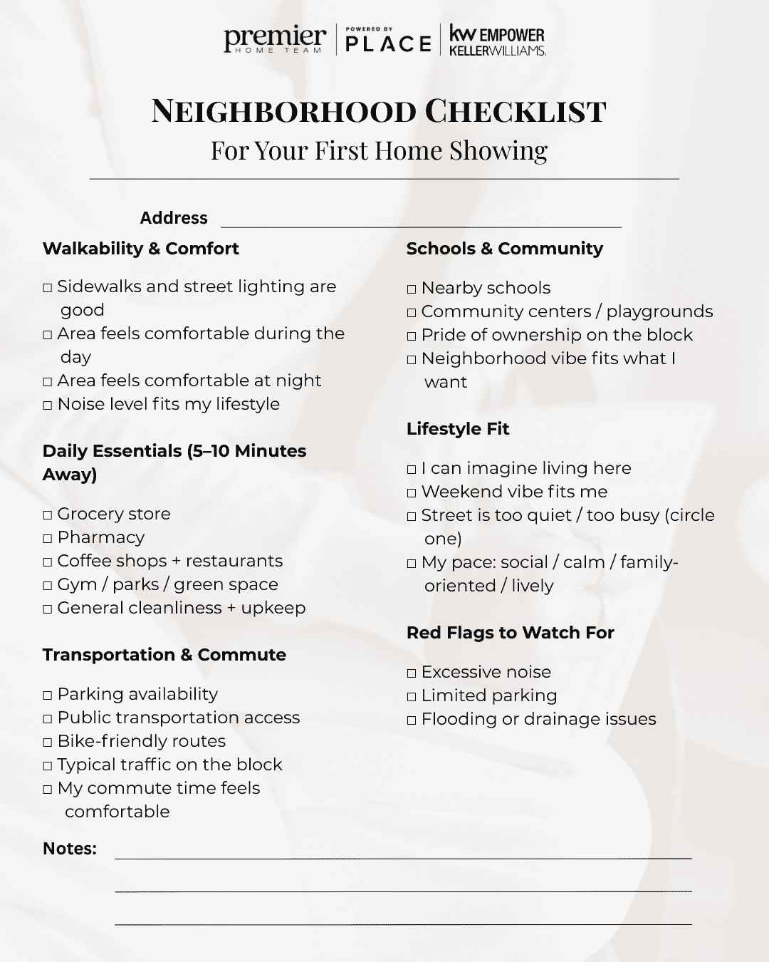 Premier Home Team neighborhood checklist to help Philadelphia and suburban buyers evaluate walkability, parking, schools, and lifestyle fit during a home showing.