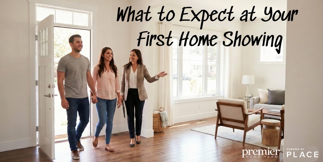 First-time homebuyers walking into their first home showing with a real estate agent