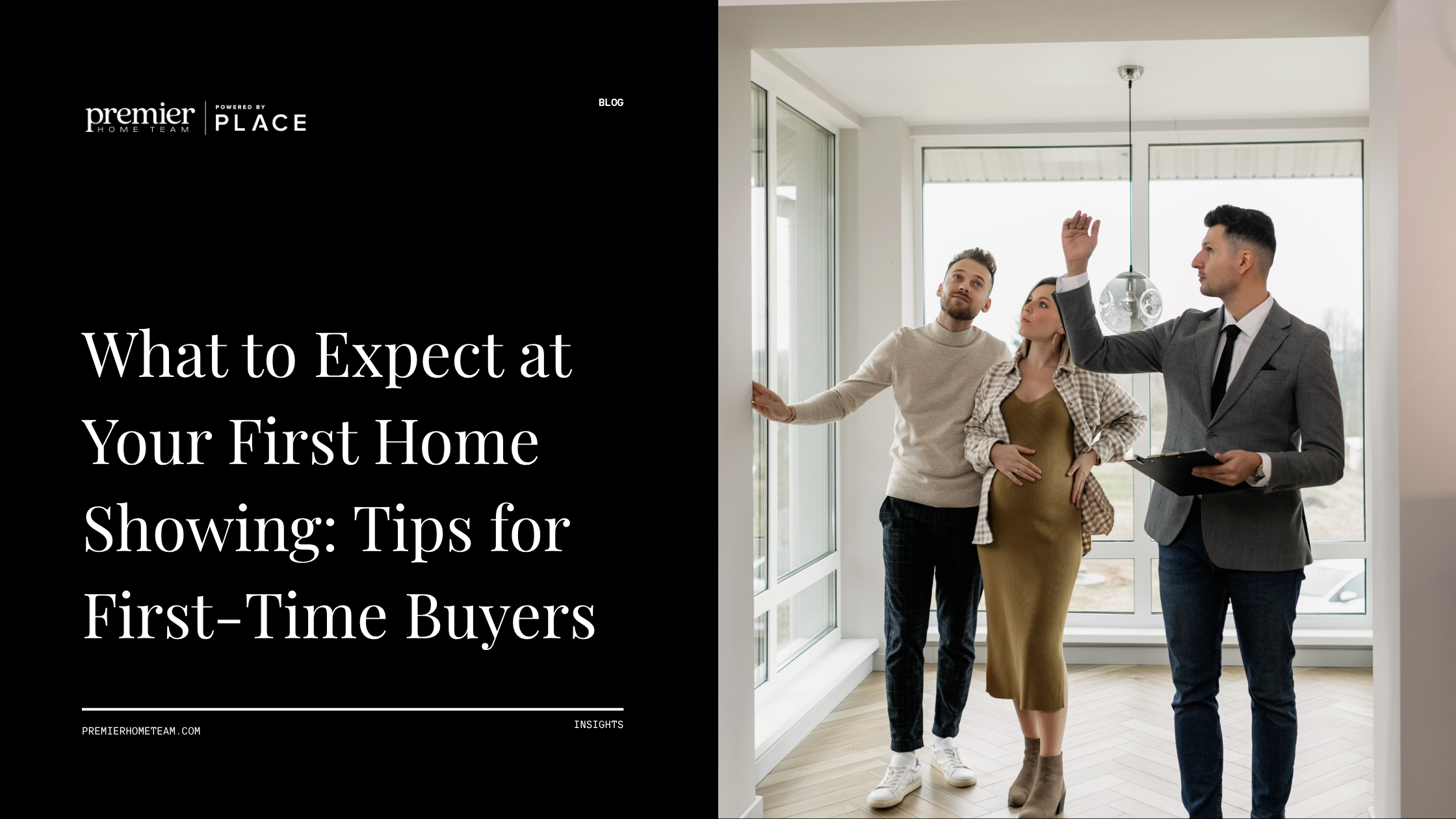 A real estate blog header image split into two sections. On the left side, bold white serif text on a black background reads, 