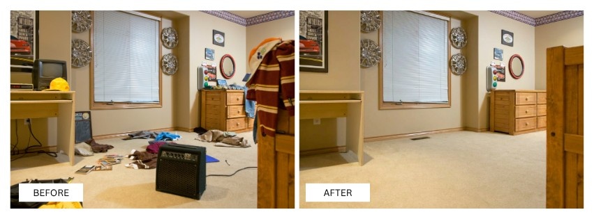 Before and after images of a room transformation. The left shows a cluttered room with scattered clothes and an amplifier; the right, a tidy, organized space.