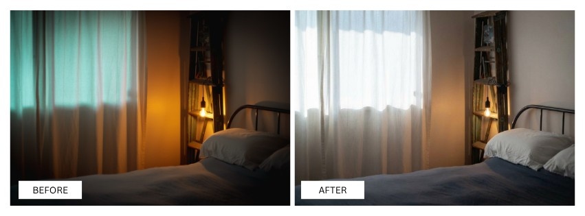 Before and after comparison of a dimly lit bedroom. Left: dark, moody atmosphere with orange lighting. Right: bright, serene ambiance with natural light.