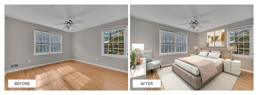 Before and after image of a bedroom makeover. The "before" shows an empty room with hardwood floors. The "after" displays a furnished space with a bed, armchair, beige rug, and decor, giving a cozy and inviting feel.