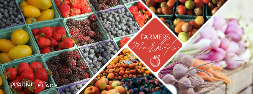 photos of fruits & vegetables with a heading of farmers market