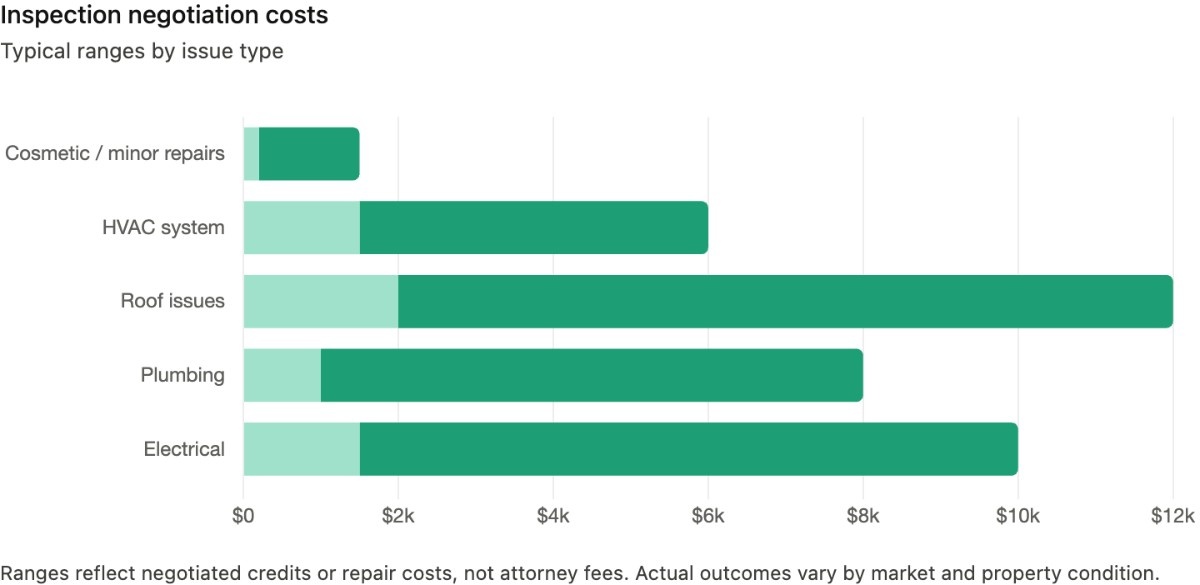 Bar graph showing inspection negotiation costs by issue type. Electrical and roof issues have the highest ranges, while cosmetic repairs are the lowest.