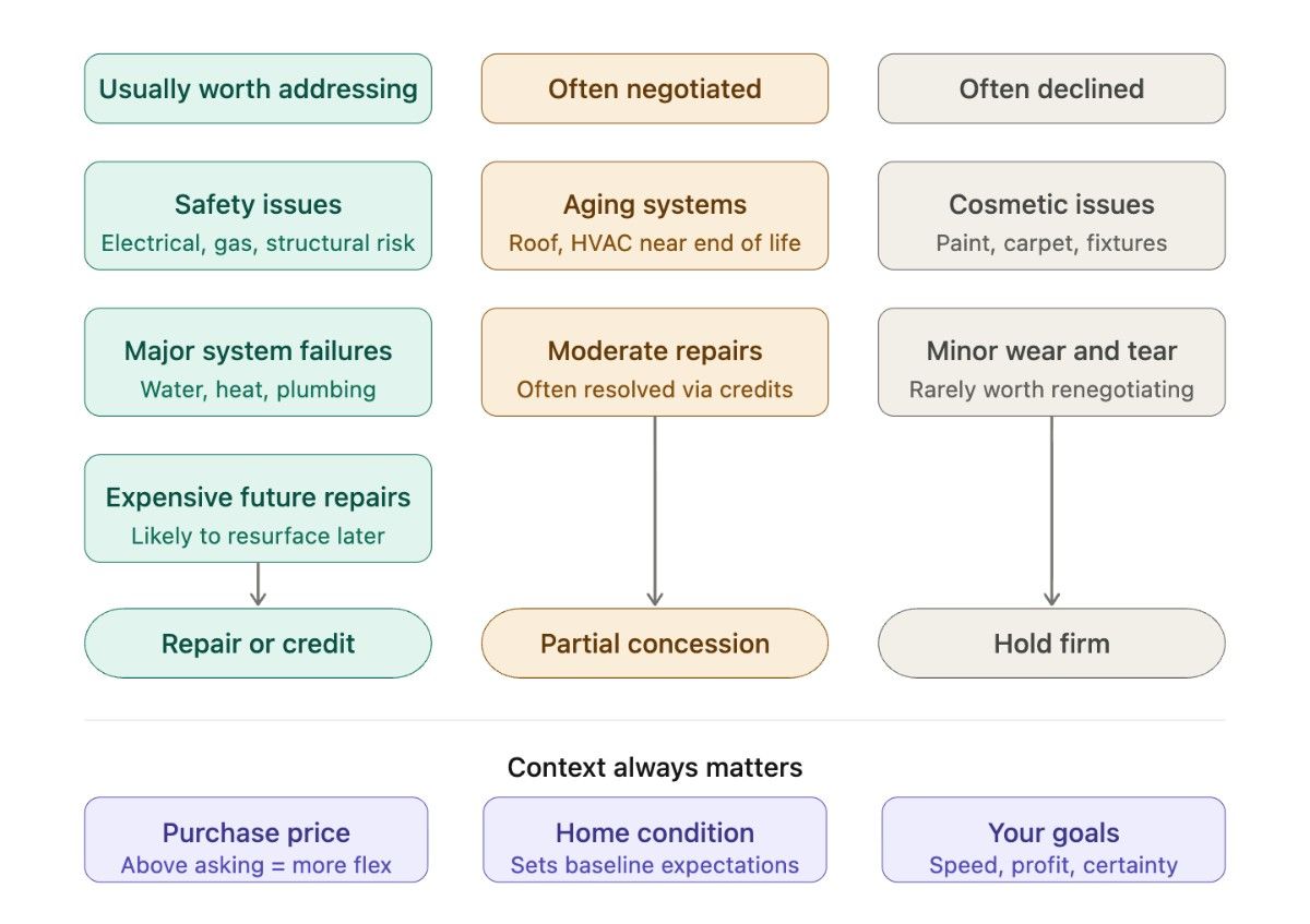 Flowchart illustrating home repair negotiations. Green boxes: urgent repairs like safety issues; beige: negotiable repairs like aging systems; gray: often declined, e.g., cosmetic issues. Context: purchase price, home condition, and goals.