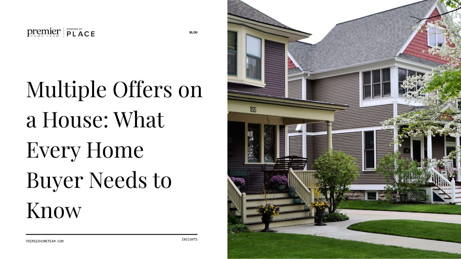 A real estate blog header image split into two sections. On the left side, bold black serif text on a plain white background reads, 