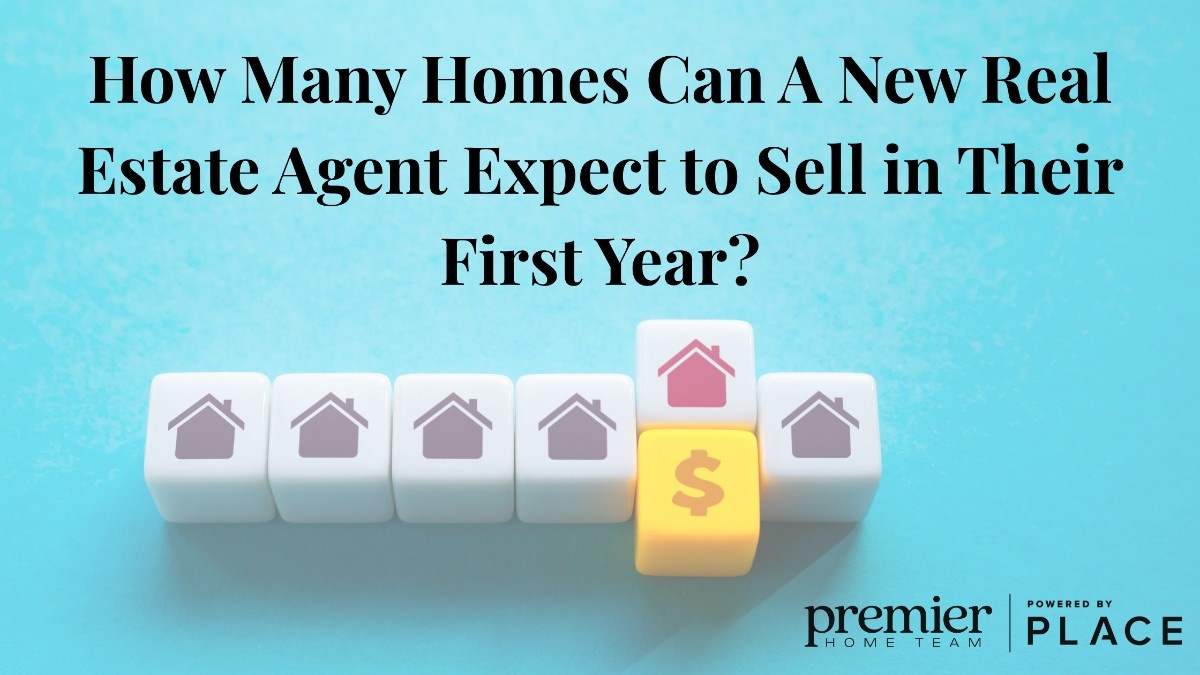 Text, 'How Many Homes Can A New Real Estate Agent Expect to Sell in Their First Year?' above dice with house and dollar symbols, on a blue background.