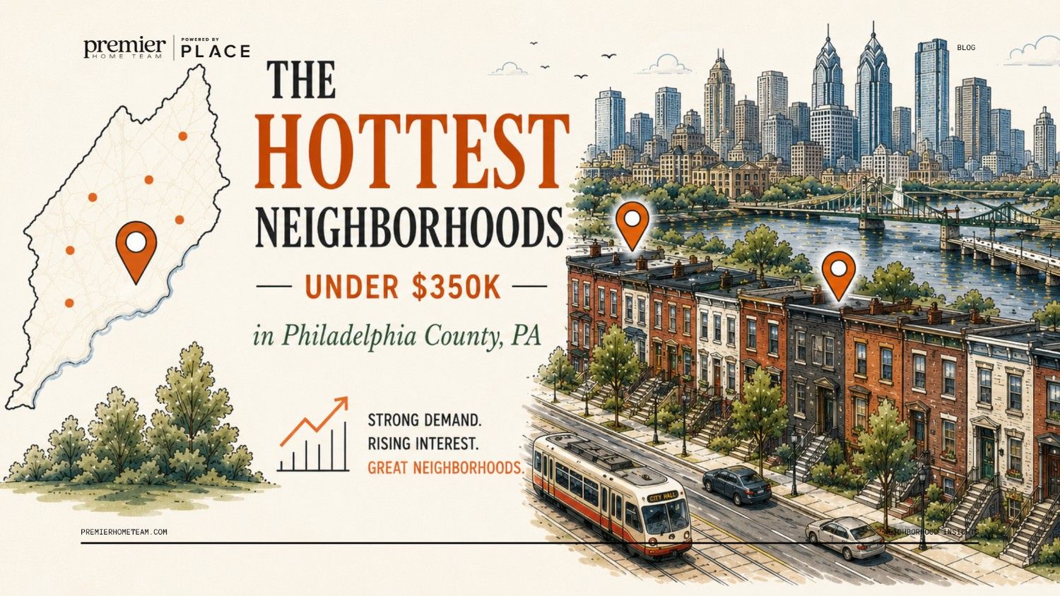 A real estate blog header image with a cream-colored background featuring a detailed line-art illustration of a Philadelphia rowhome neighborhood along a river. On the left side, bold text reads, 