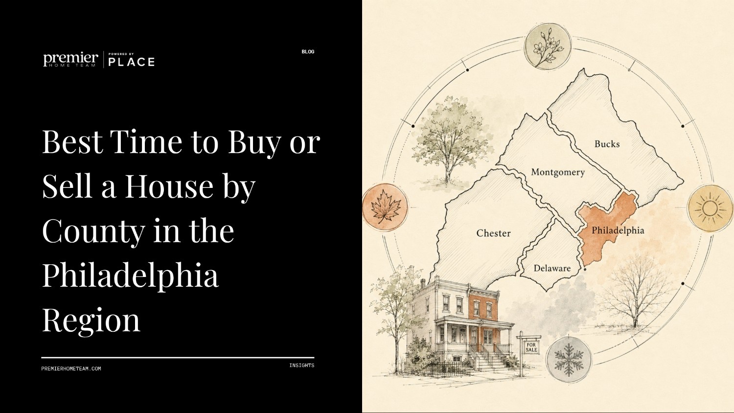 A real estate blog header image split into two sections. On the left side, bold white serif text on a black background reads, 