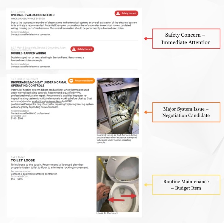 examples of sections from an inspection report, highlighting how the inspector classified different items they find during the inspection