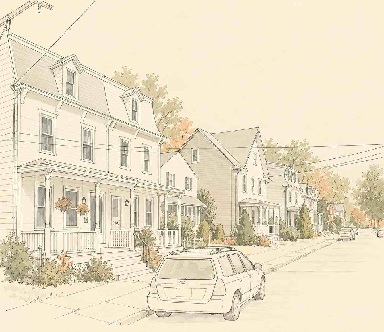 Detailed architectural drawing of multi-story historic townhomes with front porches and street parking in Burlington City, New Jersey.