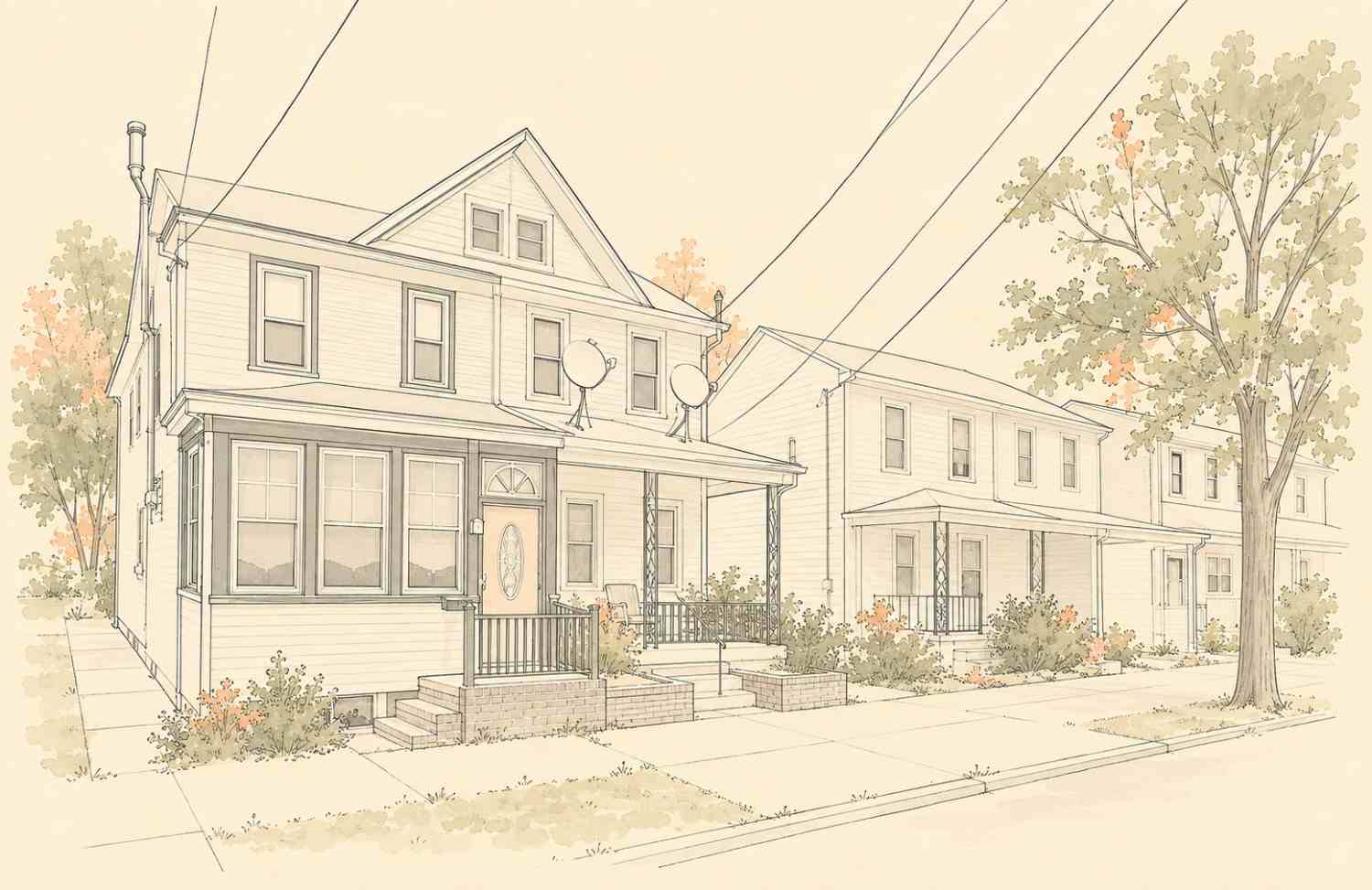 Architectural sketch of two-story historic twin homes with enclosed front porches on a sidewalk in Gloucester City, New Jersey.
