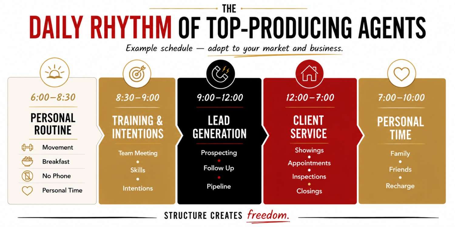 Infographic diagram detailing the daily schedule of top-producing real estate agents, breaking down time blocks for personal routine, training, lead generation, client service, and personal time.