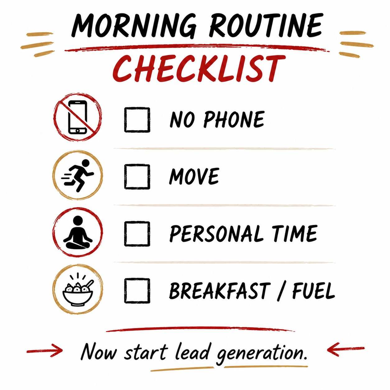 Illustrated morning routine checklist for real estate agents highlighting no phone time, physical movement, personal time, and breakfast before starting lead generation.
