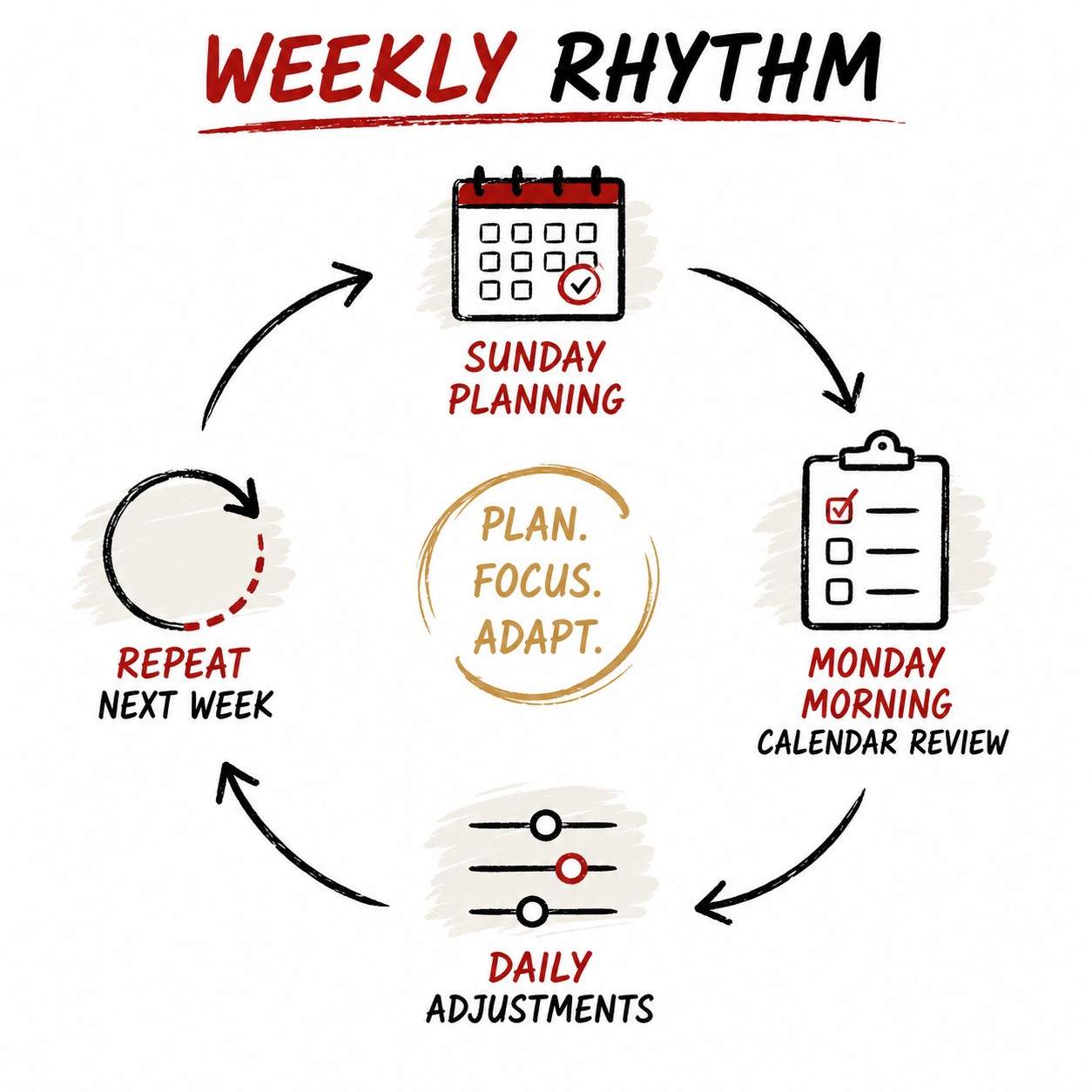 Circular workflow diagram illustrating the weekly planning cycle for agents: Sunday planning, Monday calendar review, daily adjustments, and repeating weekly focus.