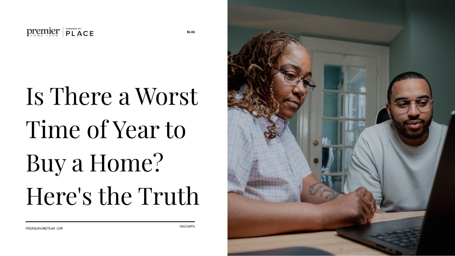 A real estate blog header image divided into two sections. On the left side, black serif text on a white background reads, 