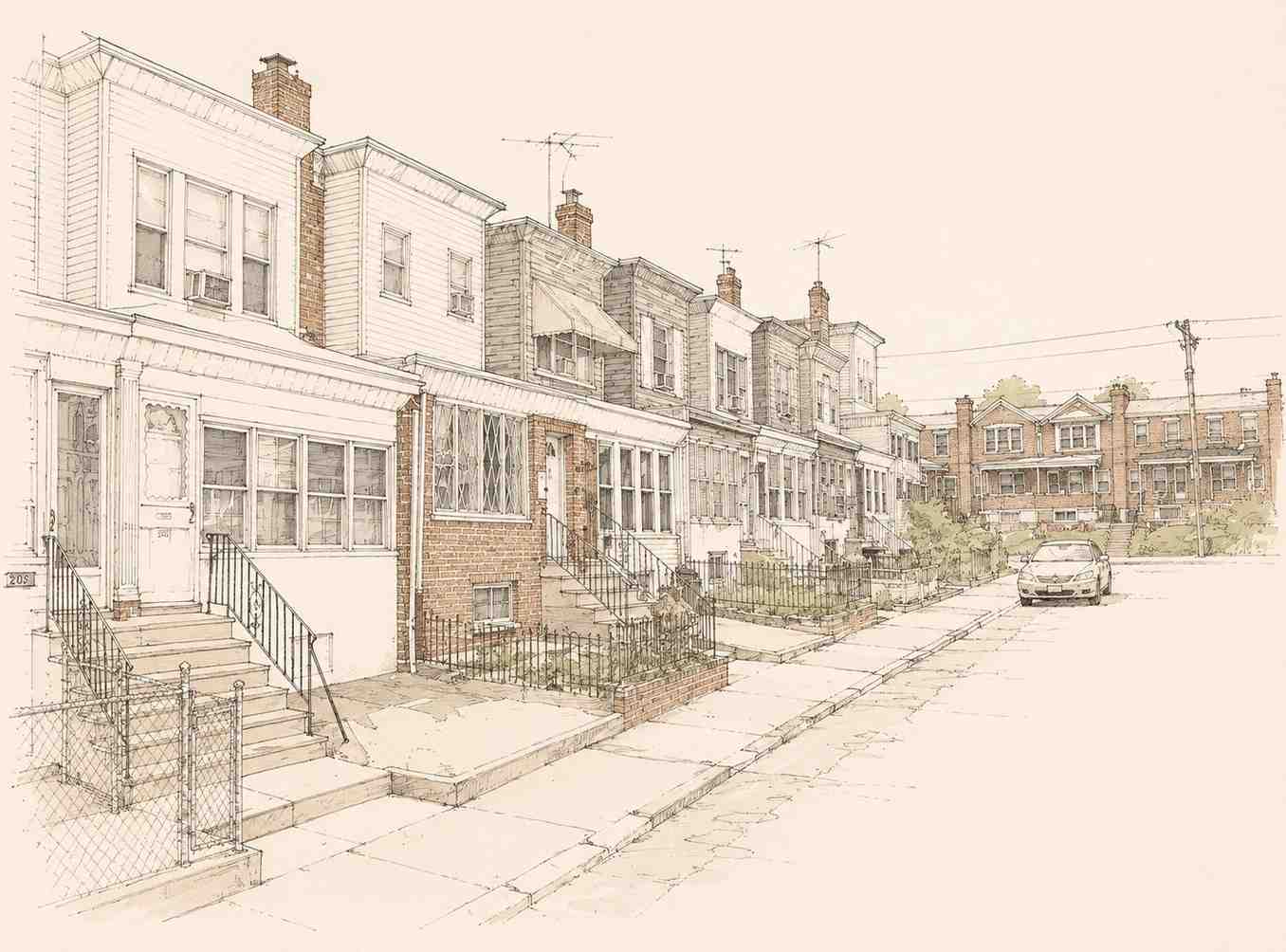 line drawing of rowhomes in the Elmwood Park neighborhood in Philadelphia