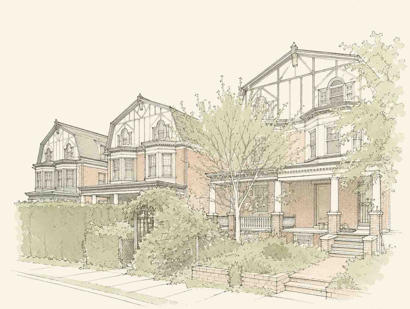 Ink and watercolor sketch of large historic Philadelphia Victorian-style twin homes featuring gabled roofs, front porches, and lush green landscaping.