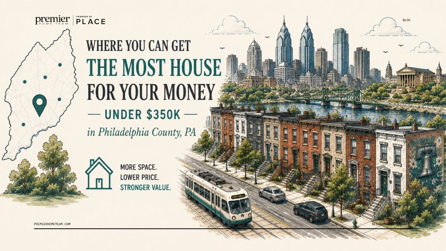 A real estate blog header image with a cream-colored background featuring a detailed line-art illustration of a Philadelphia neighborhood along a river. On the left side, bold text reads, 