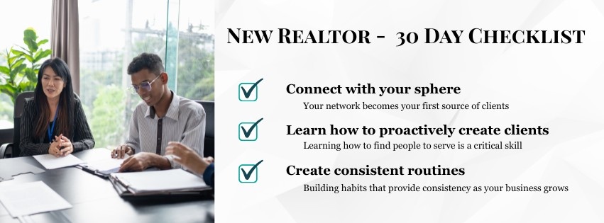 Group discussion at a table featuring the 'New Realtor 30 Day Checklist' prominently displayed.