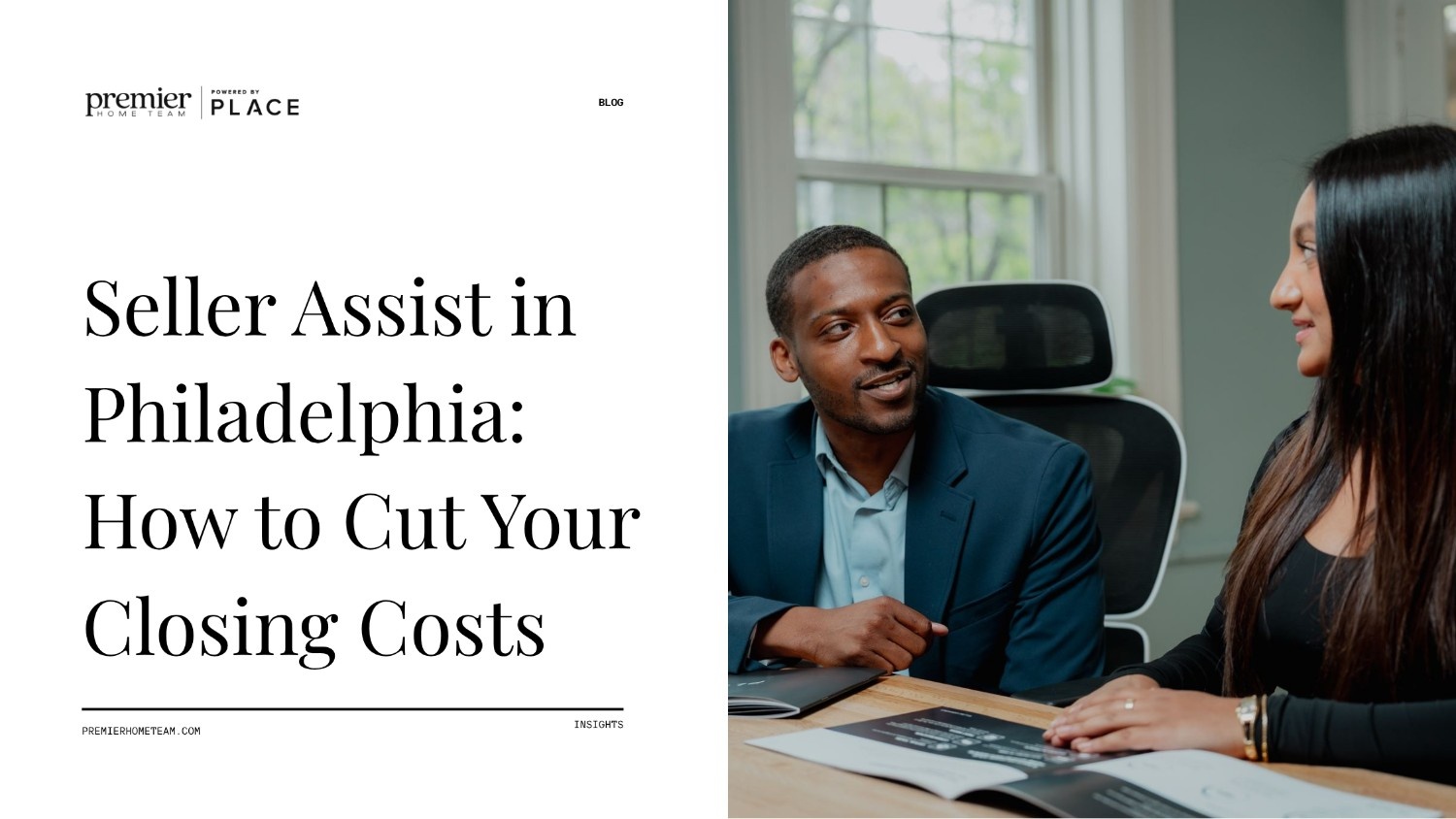 A real estate blog header image split into two sections. On the left side, bold black text on a plain white background reads, 