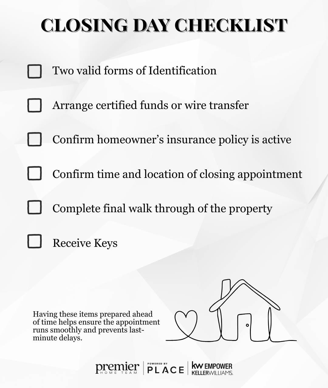 A detailed checklist outlining essential tasks to complete on closing day for a successful transaction.