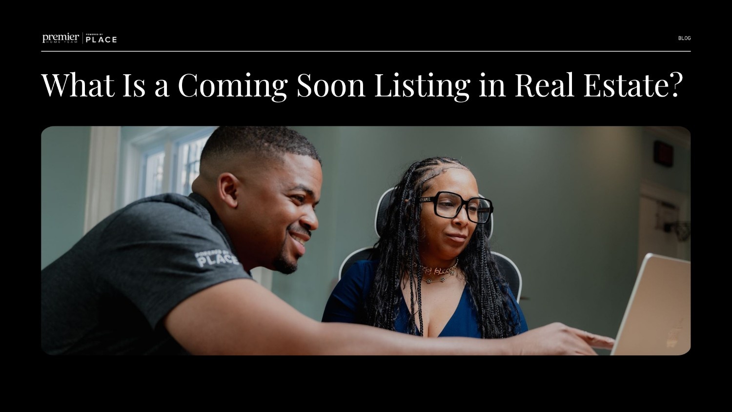 A real estate blog header image utilizing the black background template with a rounded white frame in the center. Bold white serif text across the top reads, 