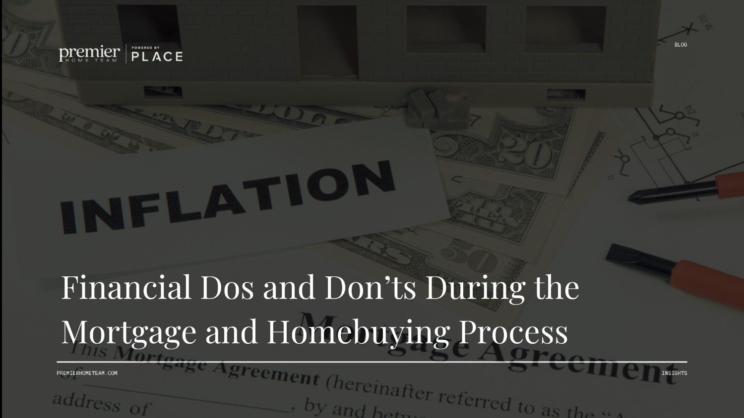 Blog header featuring a model house, US dollar bills, mortgage agreement document, and a sign that reads INFLATION.