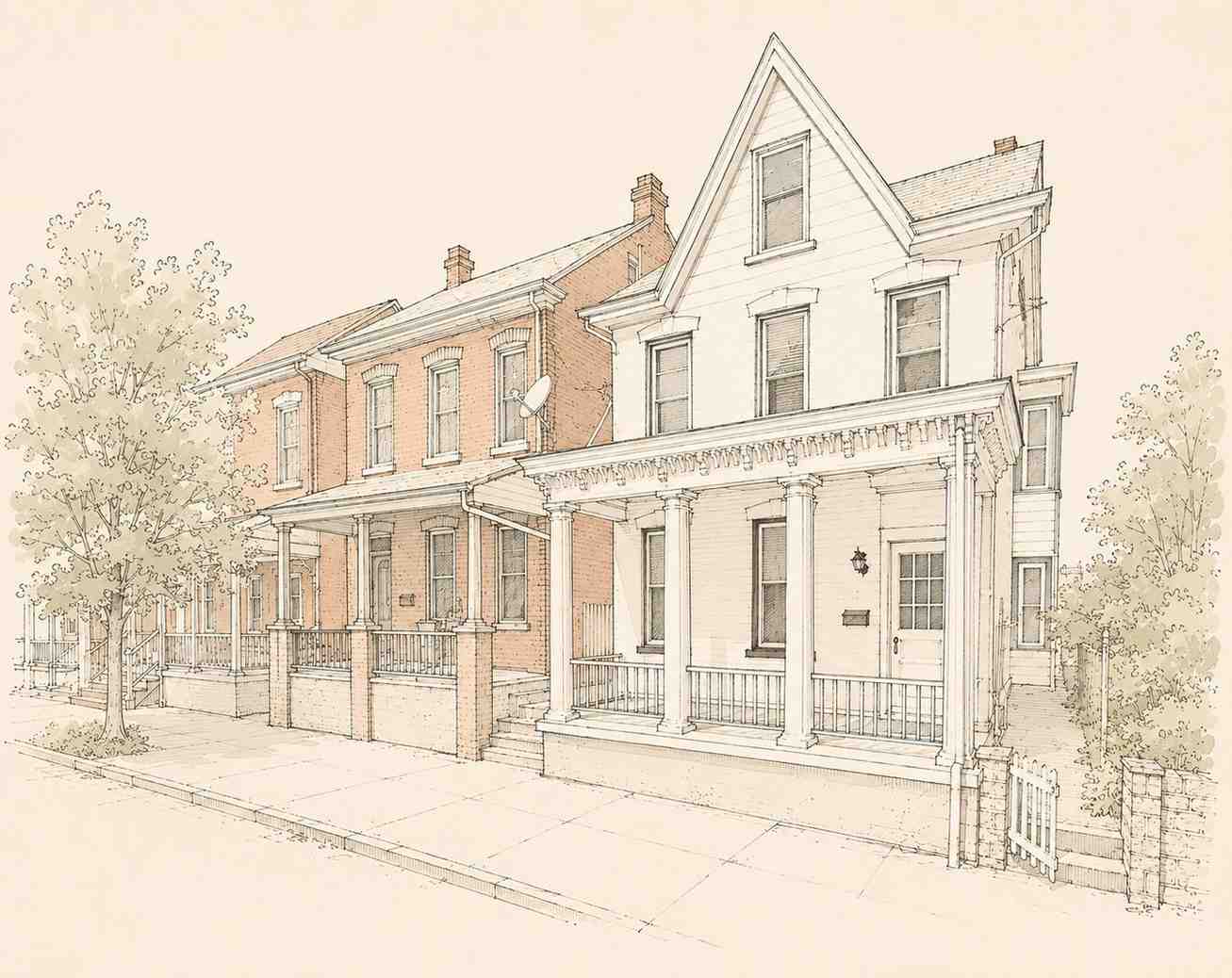 Architectural illustration of classic historic brick townhomes and Victorian-style row houses on a sidewalk street in Pottstown.