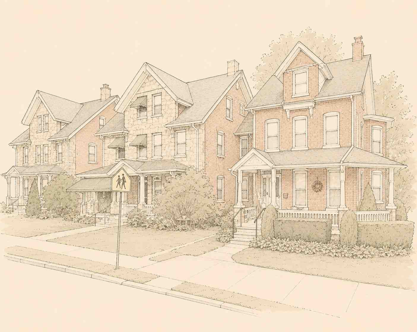 Detailed architectural line drawing of historic brick twin and single-family homes in Royersford, Pennsylvania featuring grand front porches.