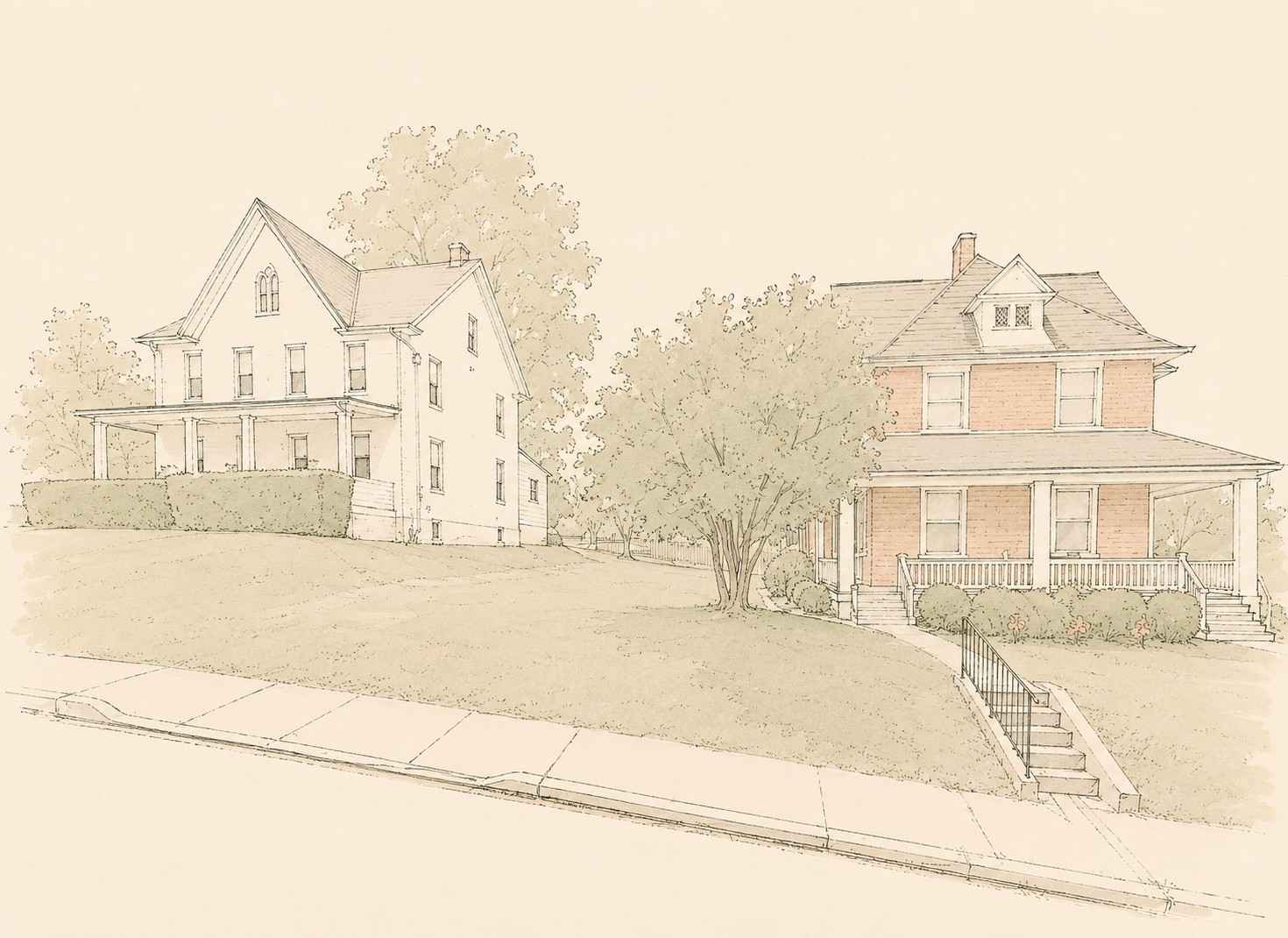 Architectural sketch showing classic multi-story historical homes in Schwenksville along an inclined suburban sidewalk.