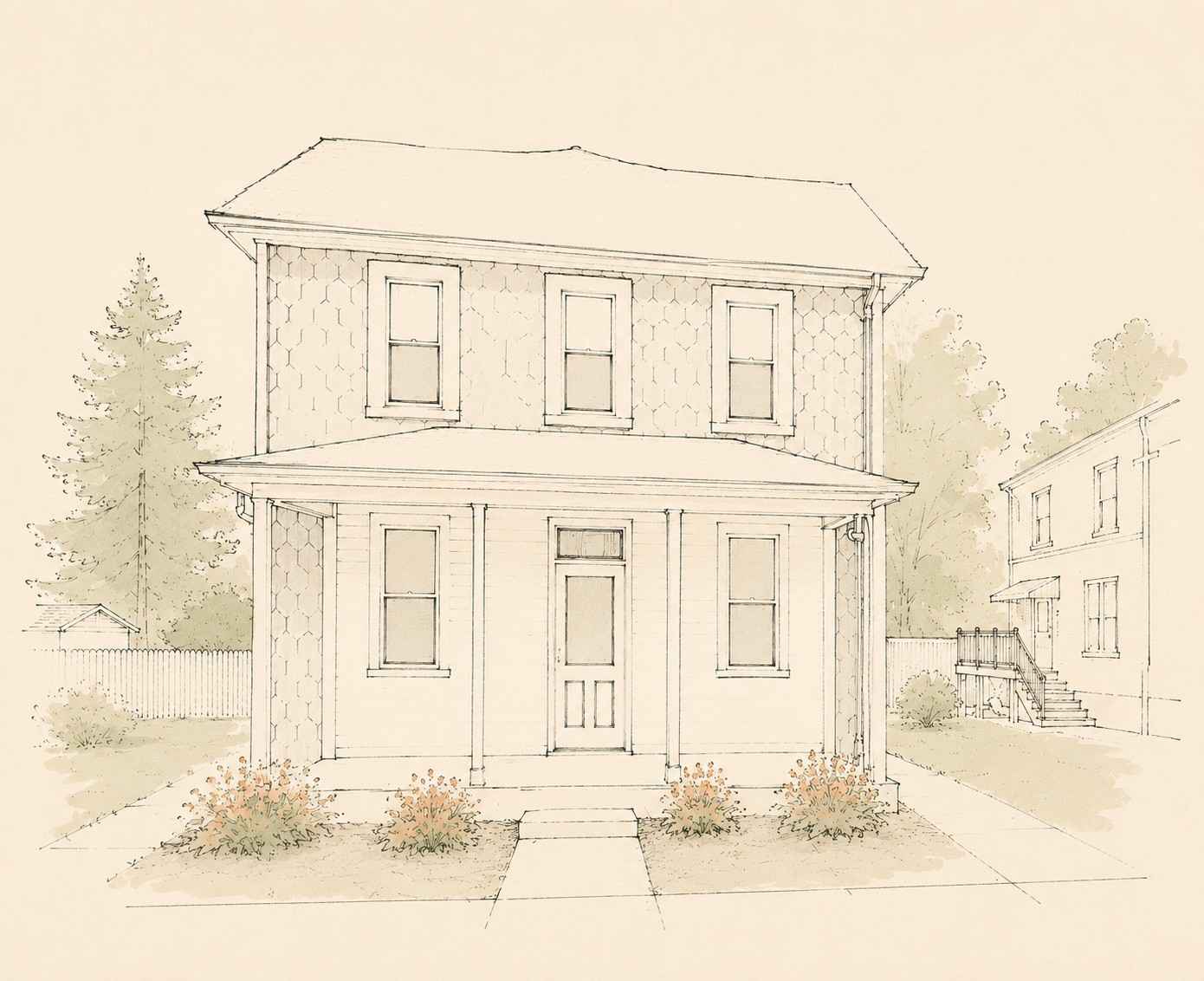 Detailed architectural drawing of a classic two-story detached home in Souderton, Pennsylvania with a front porch and shingle siding.