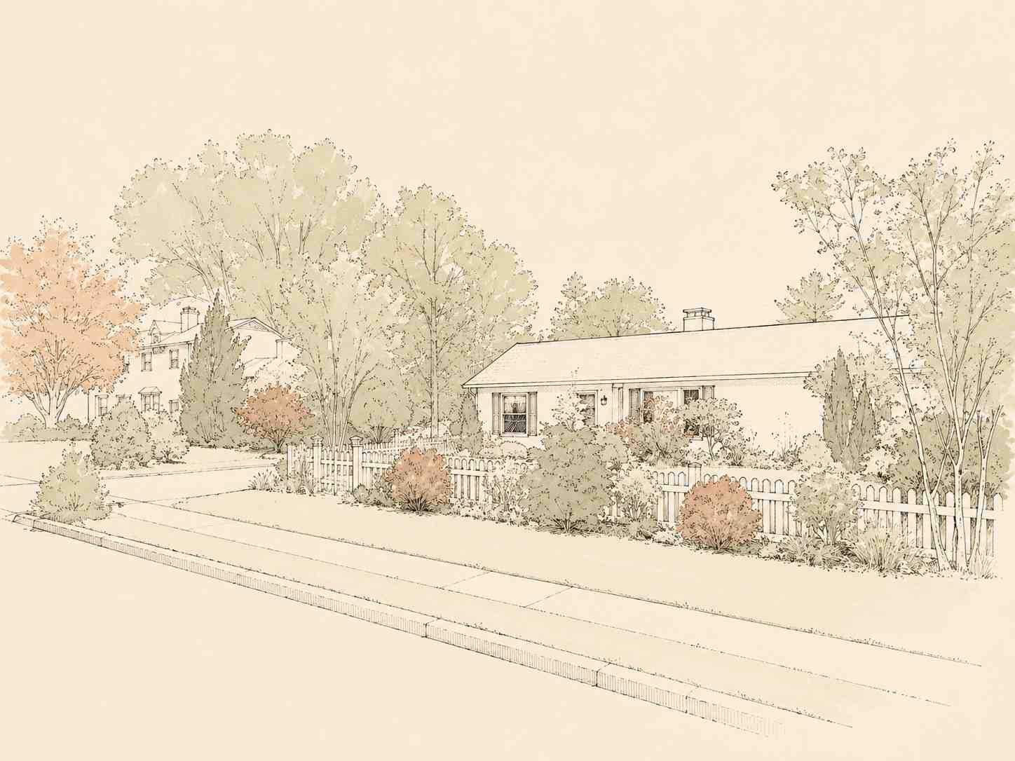 Architectural line illustration of a quiet West Norriton suburban street with ranch-style homes, a white picket fence, and landscaped trees.