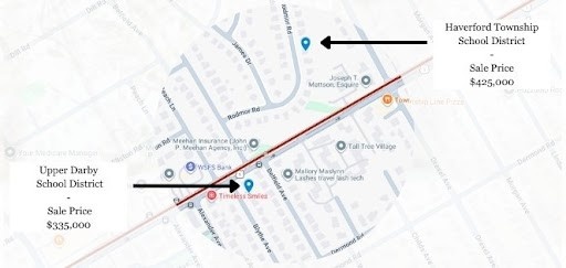 Map image of a local neighborhood, illustrating the difference between sale prices when crossing a county line