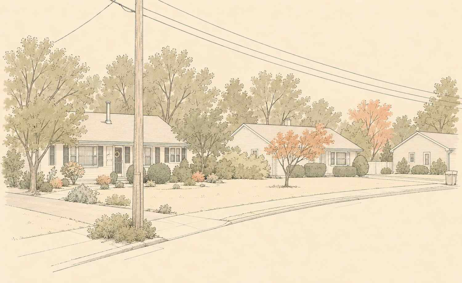 Line drawing of quiet suburban ranch-style houses with manicured front lawns and utility poles in Berlin, New Jersey.