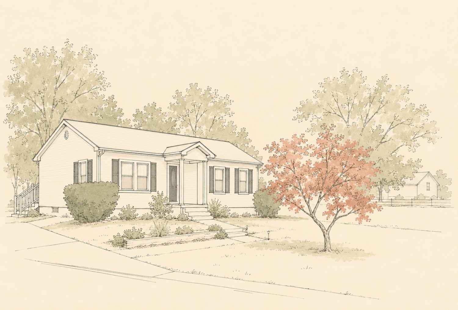Architectural illustration of single-story ranch homes with paved driveways and mature trees in Maple Shade, New Jersey.
