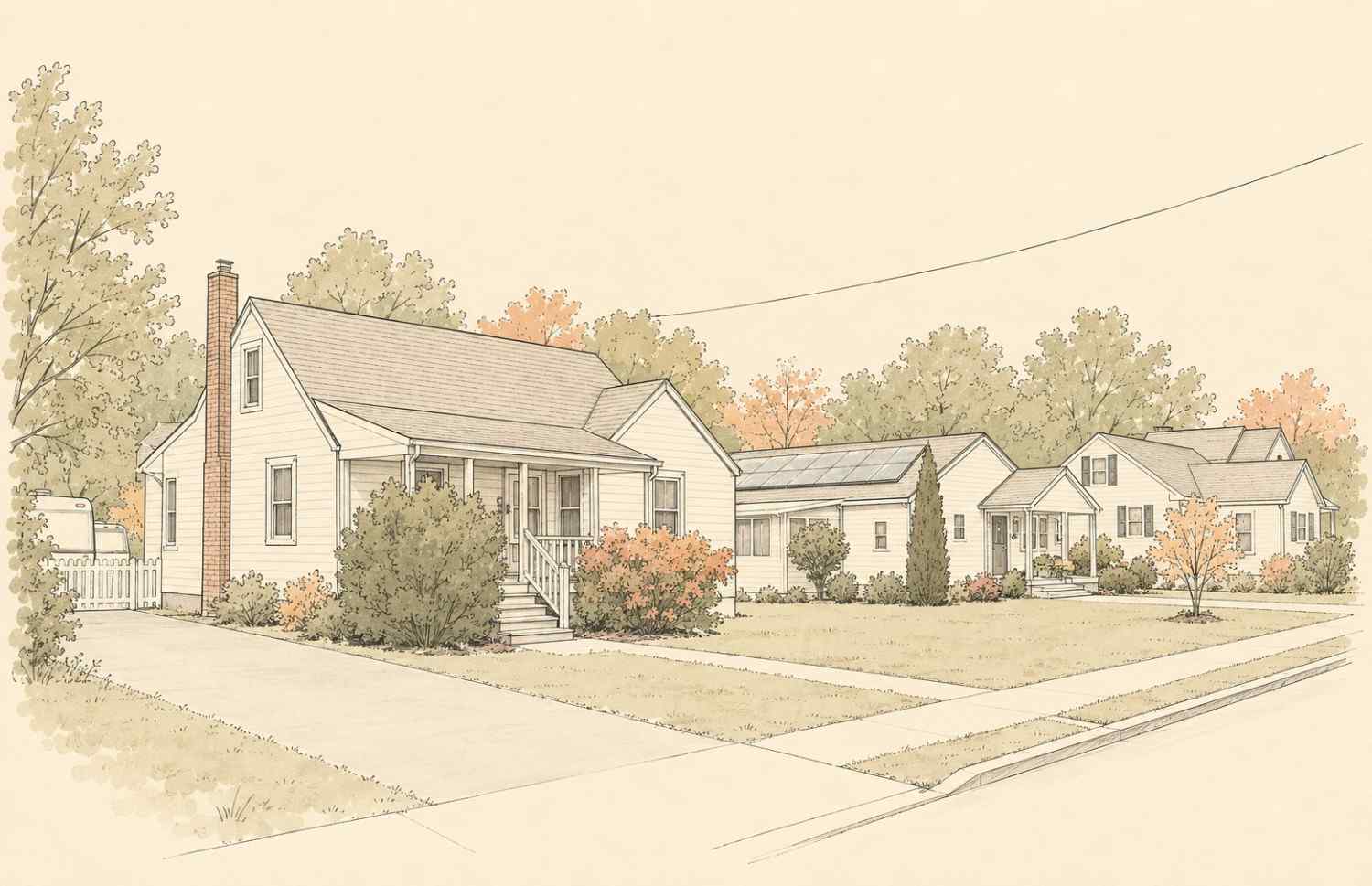Architectural sketch of Cape Cod and cottage-style single-family homes with front porch stoops and driveways in Glassboro, New Jersey.