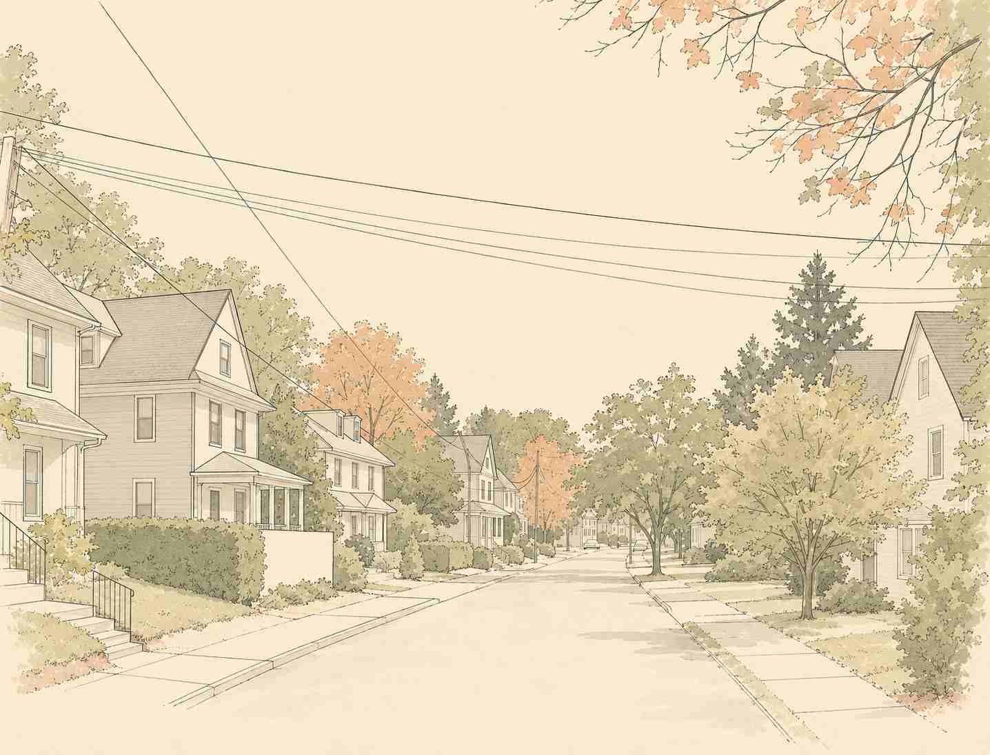 Architectural drawing of a tree-lined suburban street featuring classic two-story homes with front porches in Woodbury, New Jersey.